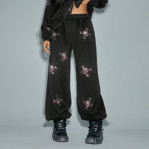 Pantalones de chándal elegantes con diamantes de imitación para mujer, pantalones para correr de cristal brillante, traje de calle ostentoso a la moda, pantalones de cintura alta a la moda - Product Image 1
