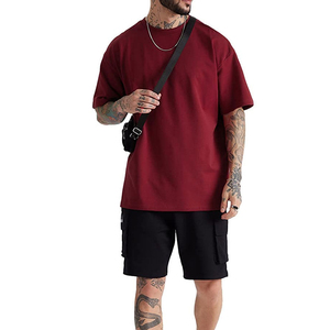 เสื้อยืดผู้ชายผ้าฝ้ายแบบกำหนดเองเสื้อยืดสีแดงโอเวอร์ไซส์ทรงหลวมเปิดไหล่คอกลมพิมพ์ลายน้ำหนักมากกำหนดเอง100% - Product Image 1