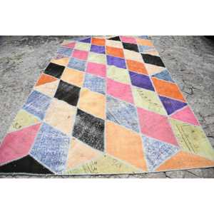 Tapis turc vintage 6,7x10,8 pi (203x328 cm), tapis oriental patchwork orange et bleu - Product Image 1