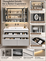 Rak Dinding Kamar Mandi Modern dengan Kabinet Kayu Solid, Wastafel Keramik, Cermin Pintar 800/900/1000mm Siap Kirim