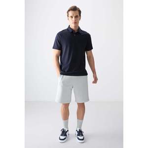 T-shirt basique pour homme en coton bleu marine, col polo, coupe ample, épais et doux, texturé - 88381 - Bleu marine - Product Image 4