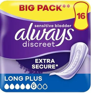 Always Discreet Cotton Incontinence Pads Long Plus 16 Pads Bigger Pack Odour Neutraliser Sensitive Bladder (Pack 2) - Product Image 1