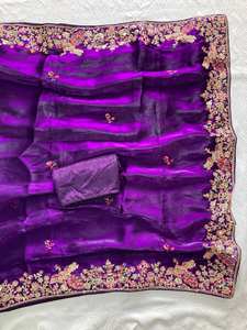 <b>Purple</b> Traditional Luxurious Chiffon <b>Saree</b> Embroidery Work Cut Work Border Embellishments for Party Special Wedding Occasions - Product Image 6