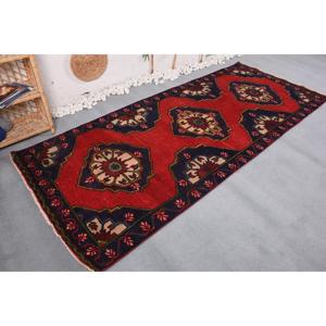 Vintage Turkish <b>Wool</b> Rug 4x9.7 ft <b>Red</b> Blue Patchwork Camouflage Design with Latex Backing - Product Image 4
