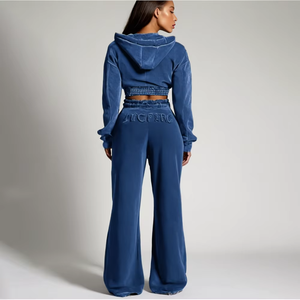 Otoño Streetwear estilo Casual 2 piezas algodón Mujer chándal logotipo personalizado ácido lavado Sudadera con capucha bordado parches terciopelo - Product Image 4