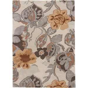 Hacienda Beige & <b>Brown</b> Handmade <b>Wool</b> & Viscose Hacienda Floral-Design Fluffy Carpet for Home Rectangular Jute Rug Taq-113 - Product Image 1