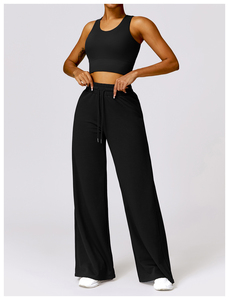 Ropa deportiva personalizada OEM, traje de 2 piezas, camiseta sin mangas deportiva, conjunto de pantalones acampanados de pierna ancha, ropa de entrenamiento personalizada, gimnasio, Fitness, conjunto de Yoga para mujer - Product Image 4