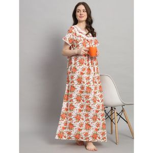 Camisón de Encaje 100% Algodón para Mujer, Manga Media, Largo Completo, Tela Transpirable, Cuello con Estampado Floral, Elegante, Otoño/Primavera/Verano - Product Image 1