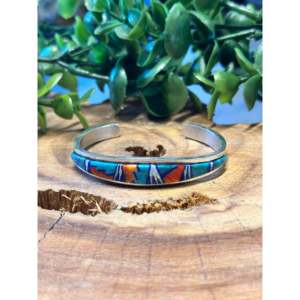 กำไลข้อมือเงินแท้ฝังหินหลายชนิดทำมือแบบนาวาโฮ - Product Image 2