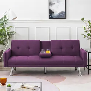 Purple Fabric Sofa Bed with 2 Cup Holders: Modern Backrest Design, Adjustable Angle - Ideal for Living Room and Office