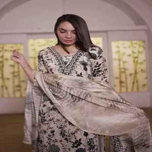 Diseñador Organza tradicional fiesta Kurta pantalón Dupatta conjunto para mujeres readymade hermoso autoestampado puro Khatli bordado a mano - Product Image 5