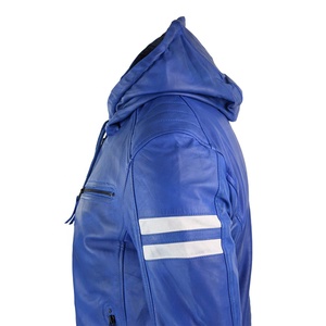 RIVIAN ATLANTIC Veste en cuir à capuche bleue pour hommes Nouveau style bombardier Veste en cuir à capuche à rayures blanches ODM Service's - Product Image 4