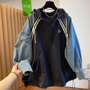 Oversized Sweatshirts for Women <b>Patchwork</b> Denim Streetwear <b>Tops</b> 2025 Hooded Contrast Color Vintage Hoodies - Product Image 2