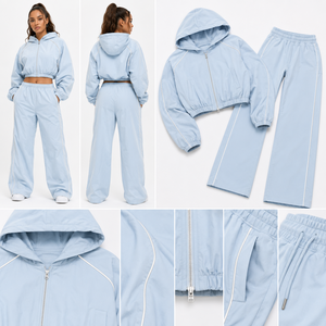 <b>Women's</b> Ice Blue Cropped Windbreaker Hoodie Tracksuit Lightweight Zipper <b>Jacket</b> Shorts 100% Polyester Streetwear Winter - Product Image 3