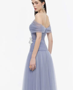 Elegant and sexy lavender off-the-shoulder <b>dress</b> with floral accessories made in Vietnam Customizable OEM/ODM - Product Image 3