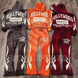 กางเกงสเวตเตอร์ตัดแนววินเทจของผู้ชายและมีฮู้ดแต่งลายเปลวไฟเย็บปะติดแบบหลวม - Product Image 1