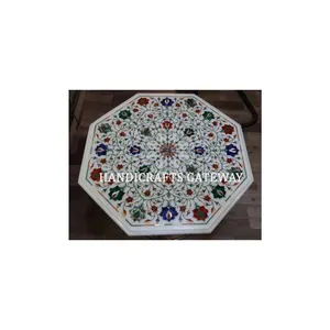 インドアート大理石インレイダイニングテーブルトップで最も光沢のある細かい仕上げ手作りの白い純粋な磨かれた安い価格のテーブルトップ