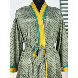 Recycled Vintage Silk Sari <b>Robe</b> Green and Yellow Boho House Kimono Dressing Gown <b>Beach</b> Coverup and Bridesmaid Anniversary Gift - Product Image 2