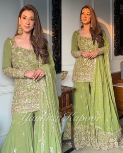 Ensemble de costume d'été droit vintage TOP SHARARA DUPATTA en géorgette lourde avec broderie de sequins, couleur unie, taille naturelle, manches longues - Product Image 2