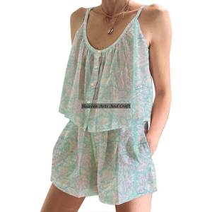 Conjunto de Pijama Floral de Primavera/Verano con Estampado a Mano Indio, Personalizado al por Mayor, Ajustado, con Tirantes y sin Mangas - Product Image 3