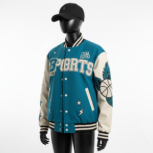 Chaqueta Universitaria de Lana para Mujer, Color Verde Azulado, Paneles de Manga Color Crema con Bordado de Chenilla, Diseño de Logotipo Personalizado, Chaquetas Universitarias para Mujer - Product Image 4