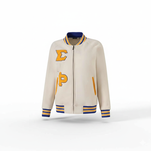 เสื้อแจ็คเก็ตโกรห์ ซิกมา แกมมา โร แบบมีซับในขนแกะ ผ้าฝ้าย 100% สำหรับผู้ชาย คอตั้ง ปักอักษรกรีกด้านหน้า - Product Image 1