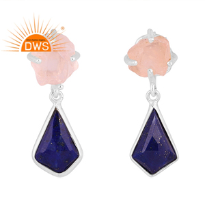 Best Quality <b>Fine</b> Sterling Silver Natural Rose Quartz & Lapis Lazuli Gemstone Dangle <b>Earring</b> Custom Jewelry Manufacturer - Product Image 1