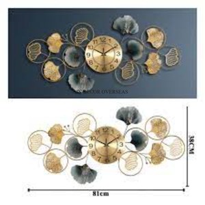 Latest Pattern Arrival Home And Hotel Decorative Gold Plated And Green Color Powder Coated Metal Floral Designer Wall <b>Clocks</b> - Product Image 4