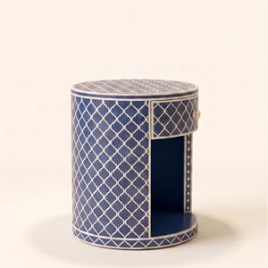 Table de chevet ronde bleue avec motif géométrique et un seul tiroir, meuble de rangement moderne pour chambre à coucher - Product Image 4