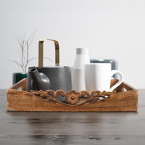 Plateau décoratif traditionnel en bois d'orchidée avec poignées, pour comptoir de cuisine, table basse, décoration de table à manger, salon, vaisselle de mariage - Product Image 4
