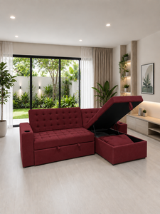 Sofá Cama Tufted Multibed Color Granate Convertible con Almacenamiento y Portavasos para Sala de Estar - Product Image 3