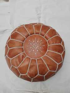Round Embroidered Leather Pouf Cushion <b>Cover</b> Bohemian Style Handmade Stitched Design Home Decor - Product Image 4