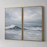 Ensemble de 2 tableaux muraux 3D texturés Vague Océanique Bleue, Peinture sur Toile Faite Main en Relief Plâtre, Paysage Marin Moderne pour Décoration de Maison et Hôtel