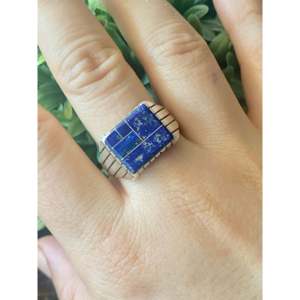Trevor Jack Lapis & Sterling <b>Silver</b> Fashion <b>Ring</b> 12.75 Size Inlaid with Princess Cut Diamond Trendy Style Rhodium Plated 18K - Product Image 2