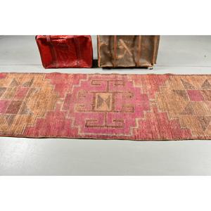 3x9.4 ft Turkish Rug, Vintage <b>Runner</b> Rug, <b>Red</b> Brown Check Rug - Product Image 3