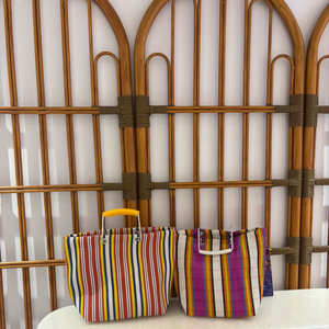 Bolsas de compras reutilizables a rayas tejidas de PP de nailon reciclado, logotipo de Color personalizado ecológico, uso promocional, cierre de cremallera, India - Product Image 1