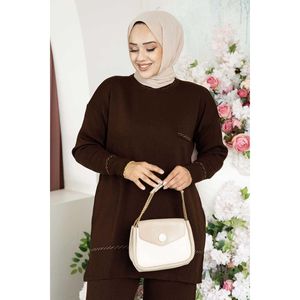 Ensemble 2 pièces en maille à motifs pour femme Collection Anje Marron - Product Image 2