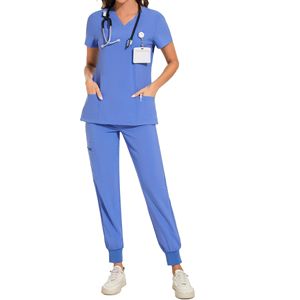 ชุดทางการแพทย์สำหรับผู้หญิงชุดเสื้อแขนสั้นคอวีและกางเกงจ็อกเกอร์มีกระเป๋าหรือพยาบาล & เจ้าหน้าที่ดูแลสุขภาพ - Product Image 4