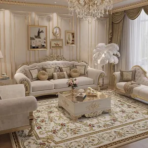 Europese Royal Design Klassieke Sectionele Sofa Sets Kalkoen Woonkamer Massief Houtsnijwerk Lederen Sofa Antieke Meubels
