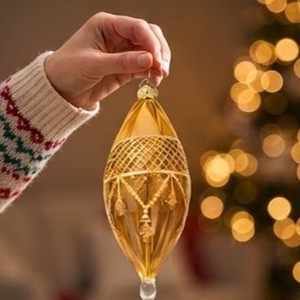 Adorno Navideño Ovalado de Cristal Ámbar Egipcio Hecho a Mano, Diseño Floral Intrincado con Rejilla Dorada, Moderno y Lujoso para Colgar - Product Image 2