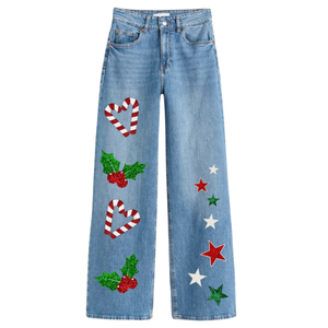 Hot Selling Trendy Cajuns Christmas Custom <b>Embroidered</b> Loose Fit Women Newly Launched Wide Legs Denim <b>Jeans</b> for Women Cute Style - Product Image 4