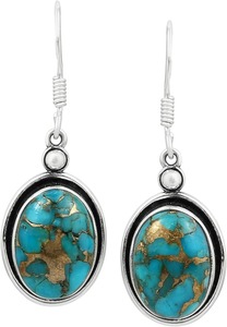Pendientes de piedras preciosas turquesas, pendientes de forma ovalada de Plata de Ley 925 sólida para mujeres y niñas, Pendientes colgantes, joyería estampada 925 - Product Image 2