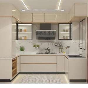 Armoires de cuisine en bois sans cadre avec revêtement en PET brillant, meubles de maison, style européen, design de porte en dalle, pour la vente en gros - Product Image 3