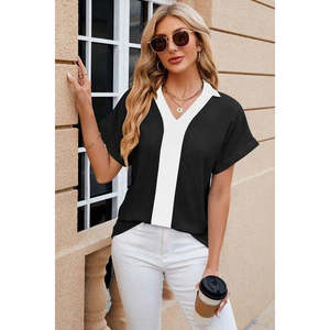 Blusa Casual de Manga Corta con Cuello en V y Detalle de Franja Frontal para Mujer, Marca Jane's - Corte Regular, Uso Diario - Product Image 3