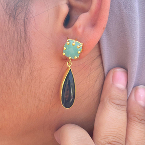 Pendientes de Moda con Ónice Negro Natural y Calcedonia Aqua, Pendientes de Botón con Baño de Oro de 18k, Pendientes Gruesos para Mujer - Product Image 5