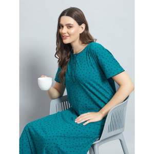 Camisón de Encaje 100% Algodón para Mujer, Manga Media, Largo Completo, Transpirable, Cuello con Estampado Floral, Elegante, Otoño/Primavera/Verano - Product Image 1