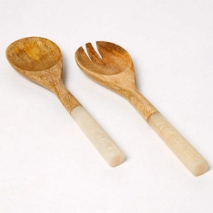 Ensemble de 2 serveurs à salade en résine, finition mate marbrée marron, ensemble de serveurs à salade en bois naturel avec 2 spatules, ustensiles durables faits à la main - Product Image 3