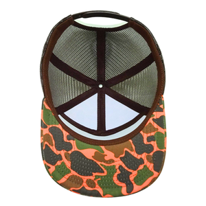 Sombrero de camionero de camuflaje marrón naranja de 7 paneles de alta calidad, hebilla de un solo pecho estructurada de malla negra, venta al por mayor, Unisex, todas las edades - Product Image 5