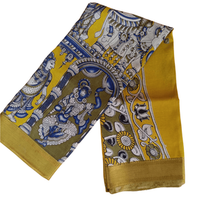 Sari de algodón Kalamkari azul mostaza con estampado étnico indio dibujado a mano, estilo Bollywood de seda pesada, largo, para festivales y fiestas. - Product Image 2