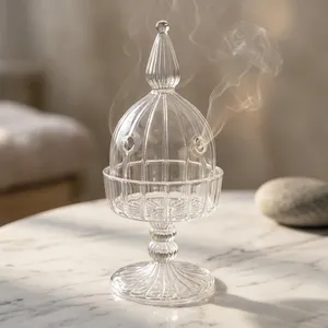 Brûleur d'encens en verre côtelé transparent avec couvercle en dôme, porte-encens décoratif de style cristal pour la décoration de la maison - Product Image 2